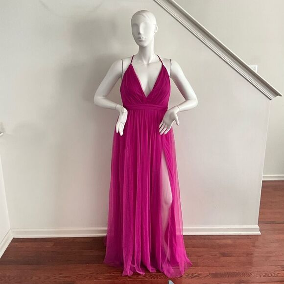 Maniju Magenta Formal Tulle Evening Gown Side Slit - Picture 8 of 12